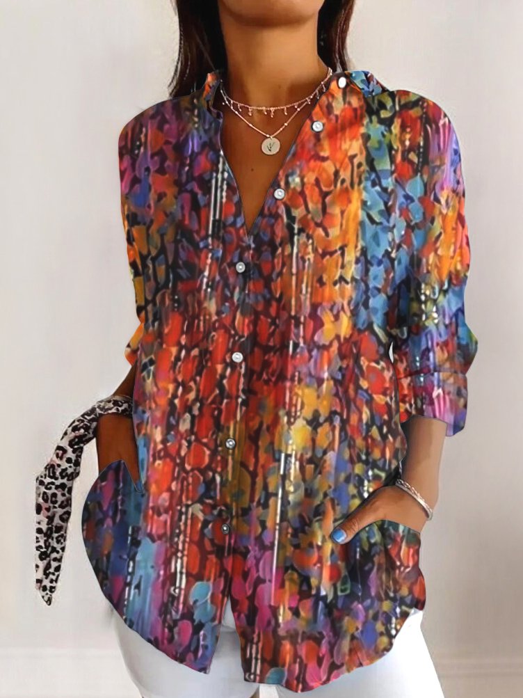 Shirt Collar Long Sleeve Geometric Regular Micro-Elasticity Regular Fit Shirt For Women