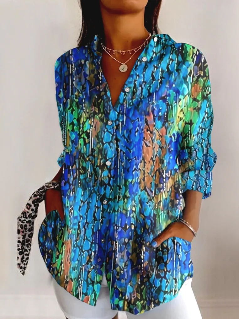 Shirt Collar Long Sleeve Geometric Regular Micro-Elasticity Regular Fit Shirt For Women