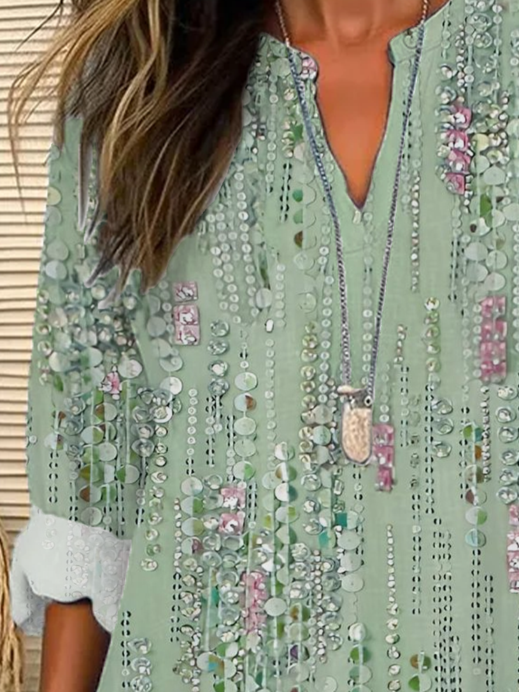 V Neck Long Sleeve Striped Printing Regular Loose Blouse For Women