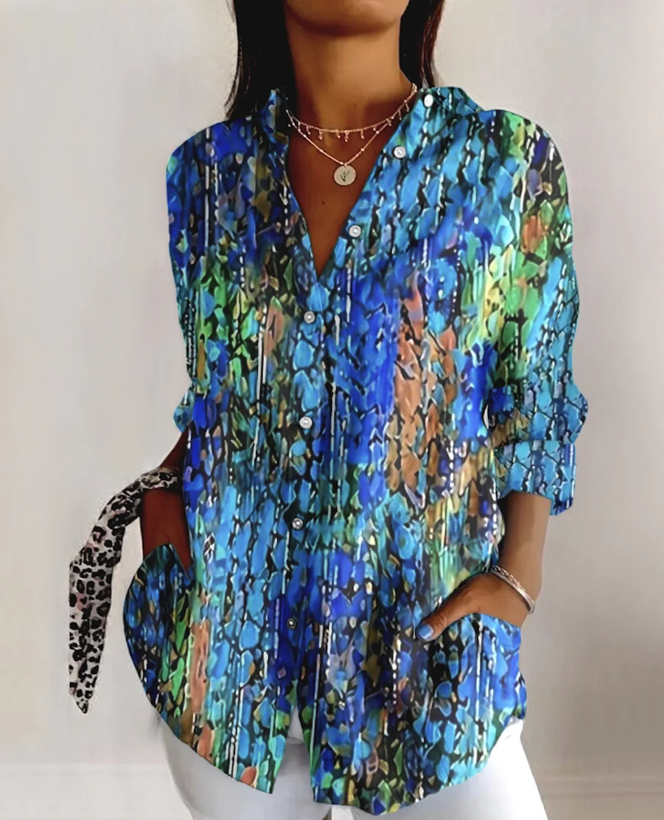 Shirt Collar Long Sleeve Geometric Regular Micro-Elasticity Regular Fit Shirt For Women