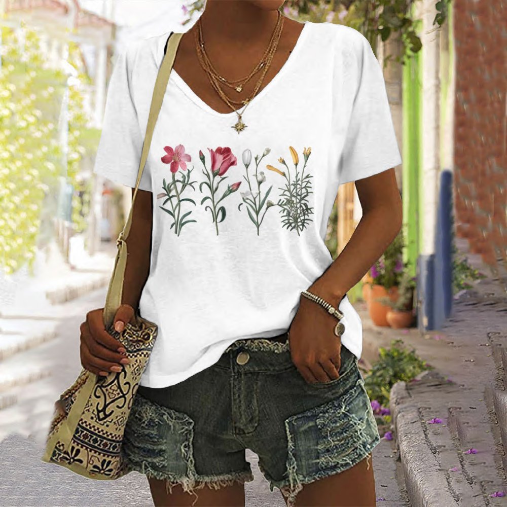 Casual Floral V Neck Short Sleeve T-shirt