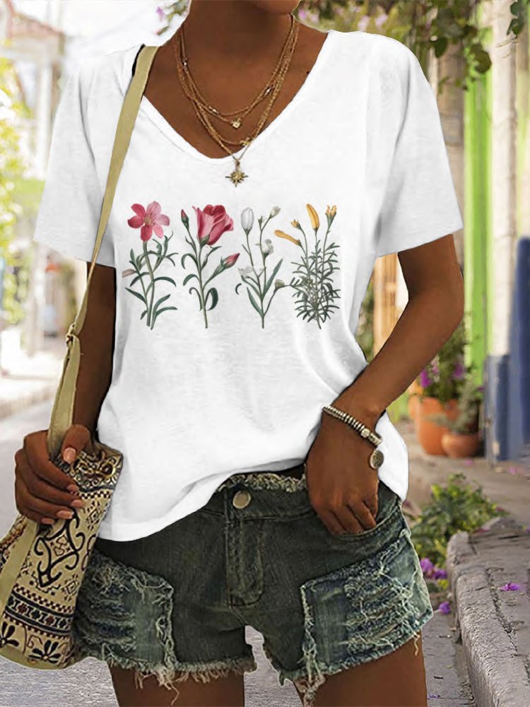 Casual Floral V Neck Short Sleeve T-shirt