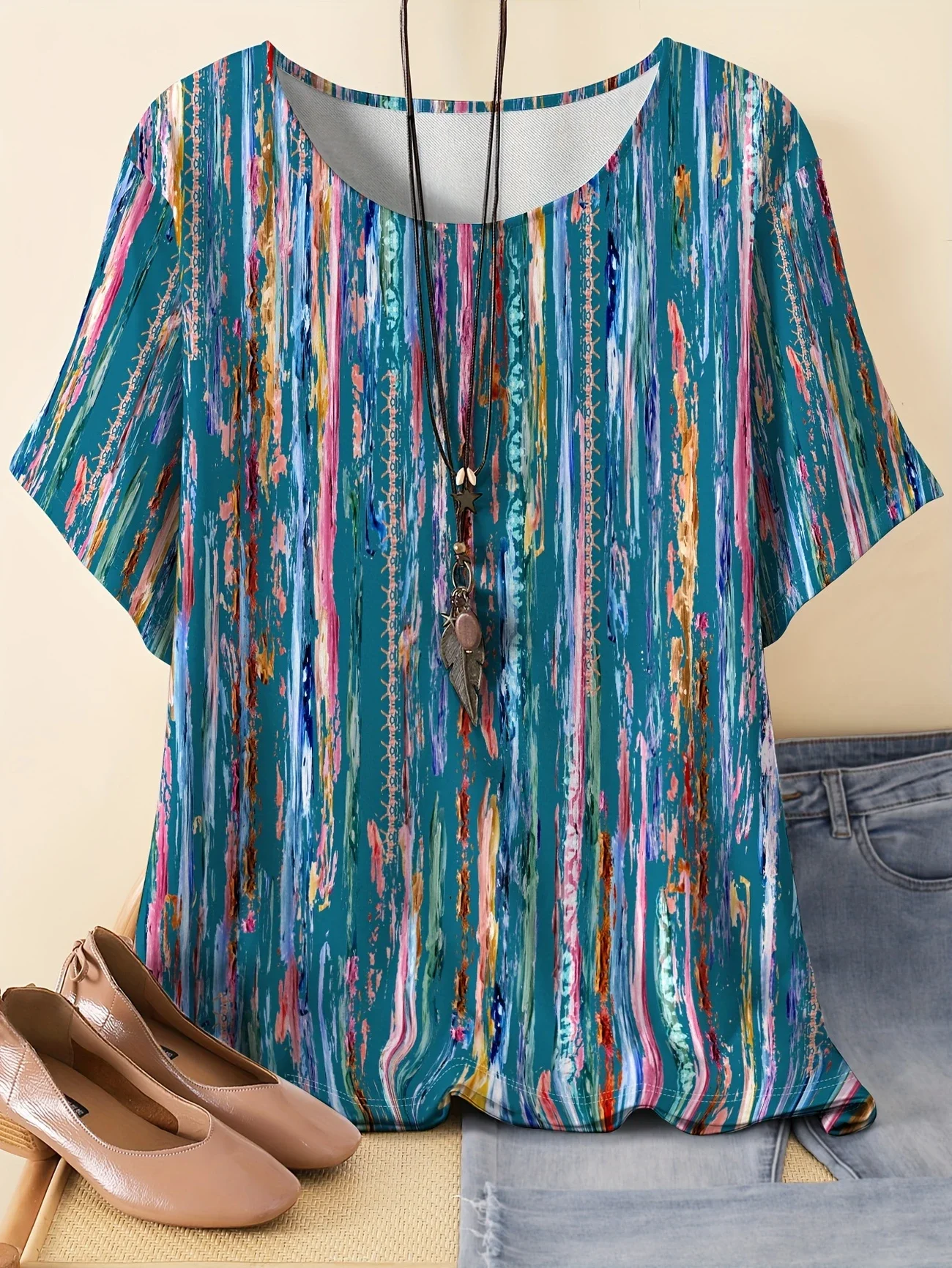 Vintage Striped Crew Neck Three Quarter Sleeve T-shirt