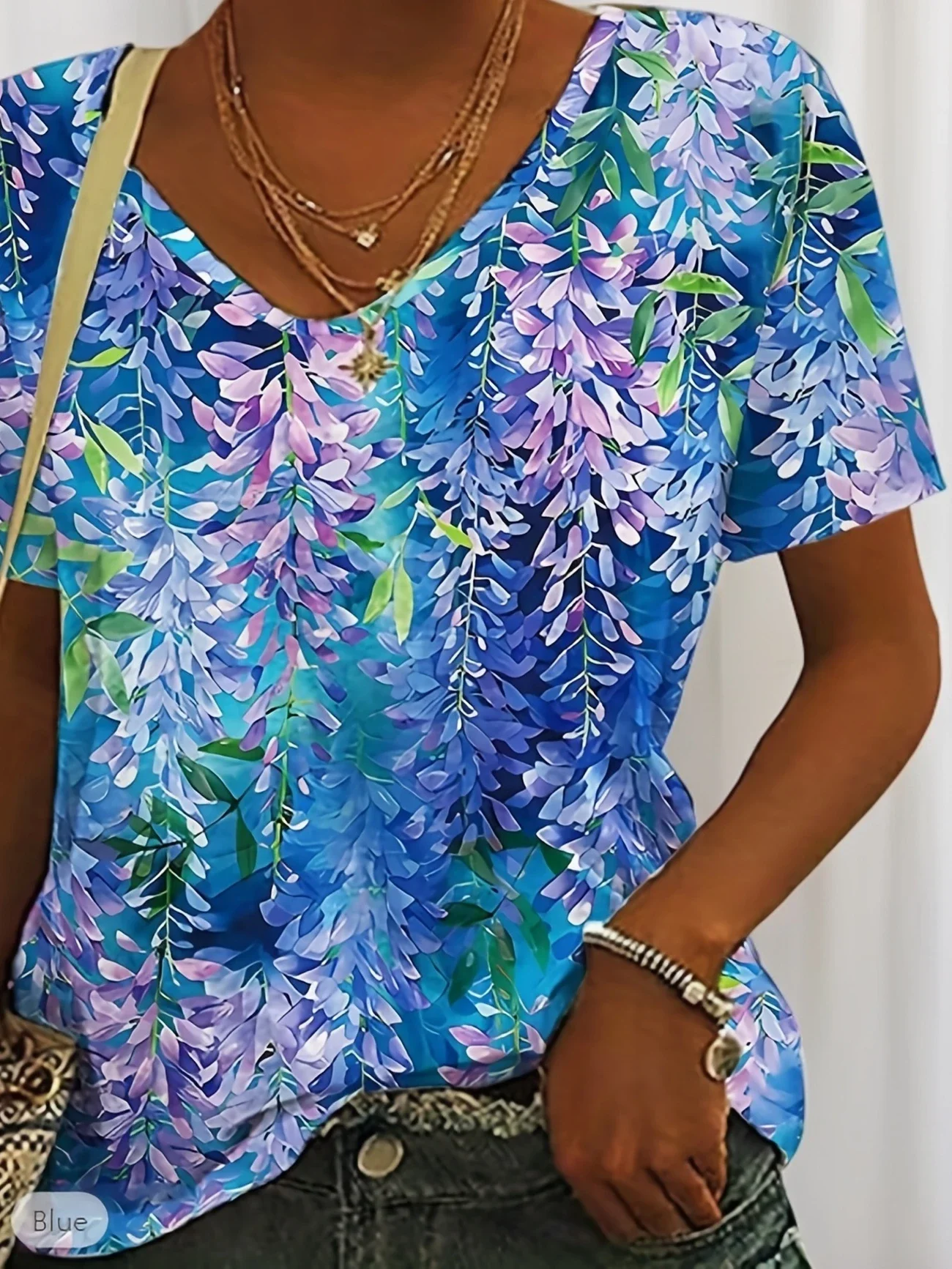 Casual Floral V Neck Short Sleeve T-shirt