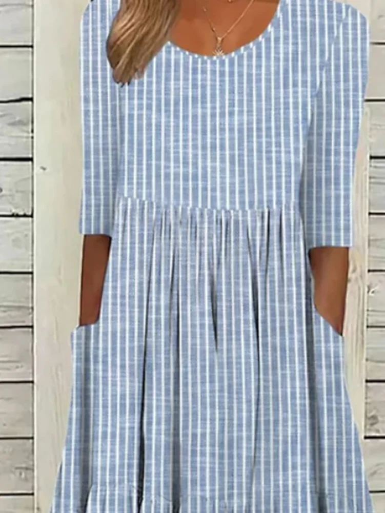 Women Striped Crew Neck Short Sleeve Comfy Casual Printing Maxi Dress