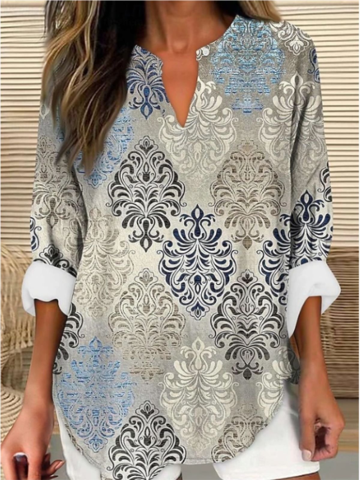 Women's Blouse Graphic Geometric Vintage Floral Daily Long Sleeve V Neck Tops