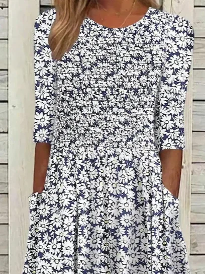 Women Floral Crew Neck Short Sleeve Comfy Casual Printing Maxi Dress