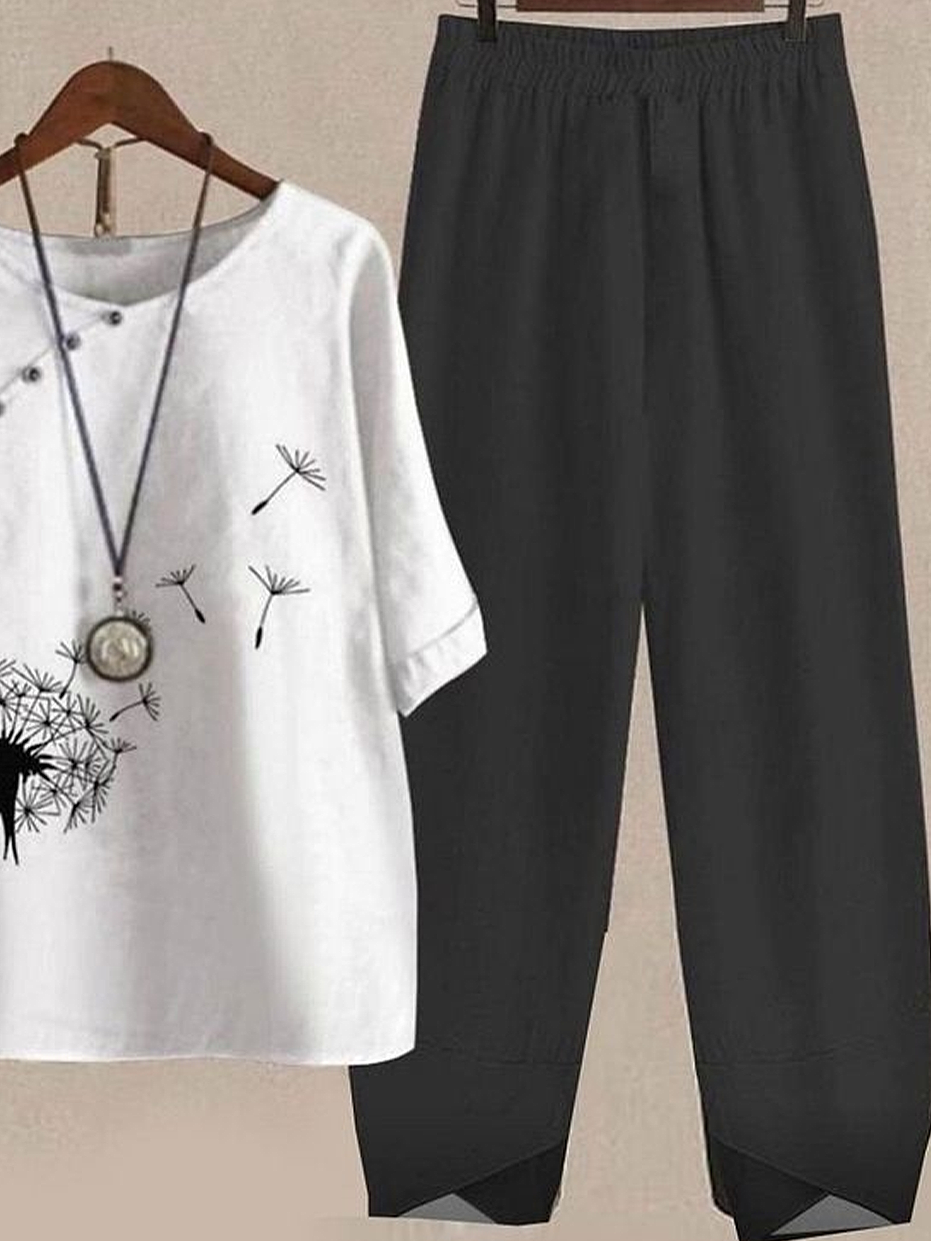 Women Floral Printing Two-Piece Set Daily Half Sleeve Casual Summer Top With Pants Matching Set