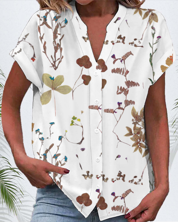 V Neck Short Sleeve Floral Buckle Regular Micro-Elasticity Regular Fit Button Up Shirt Shirt For Women