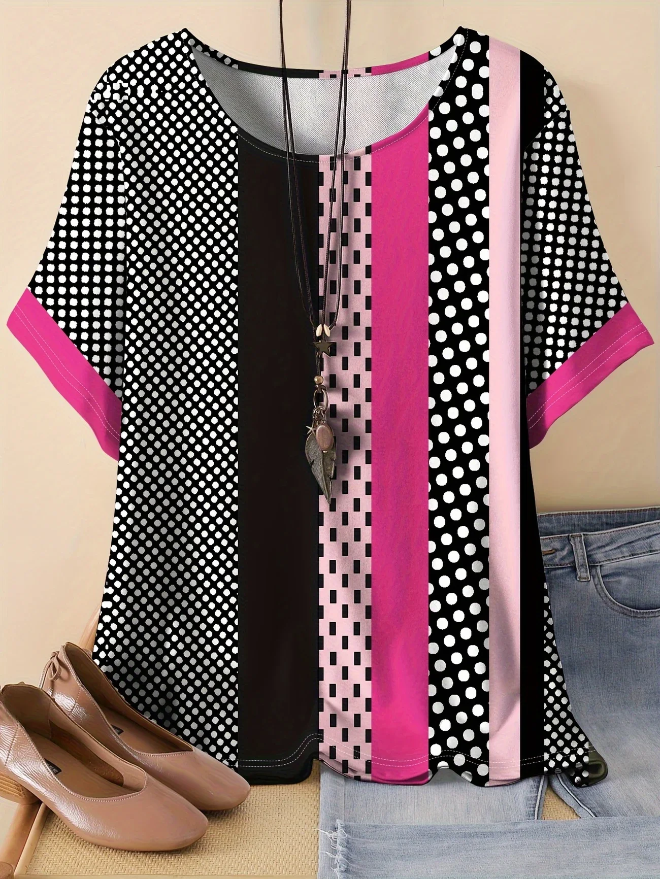 Vintage Striped Crew Neck Three Quarter Sleeve T-shirt