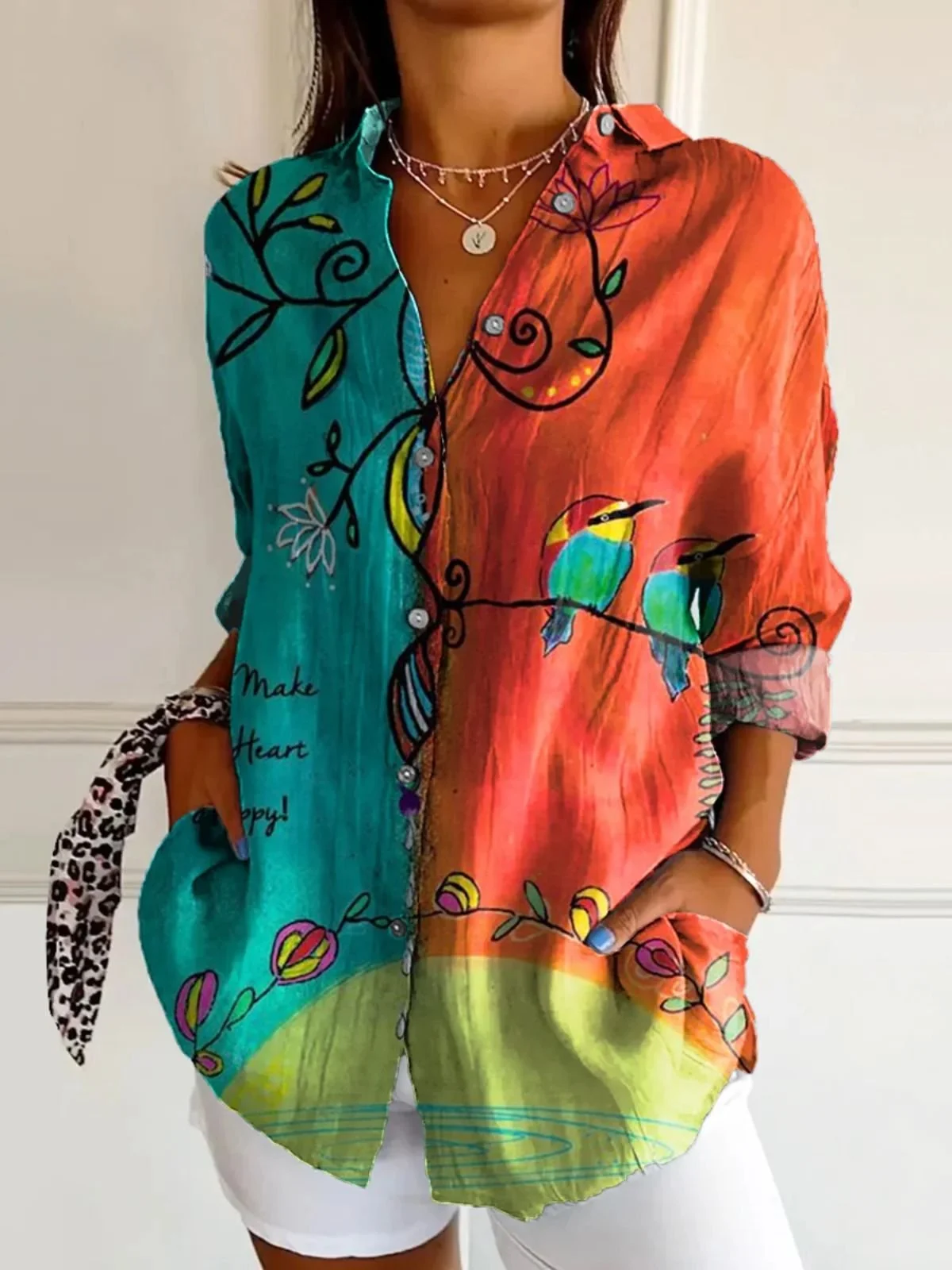 Casual Long Sleeve Animal Art Print Loose Comfy Shirt For Women