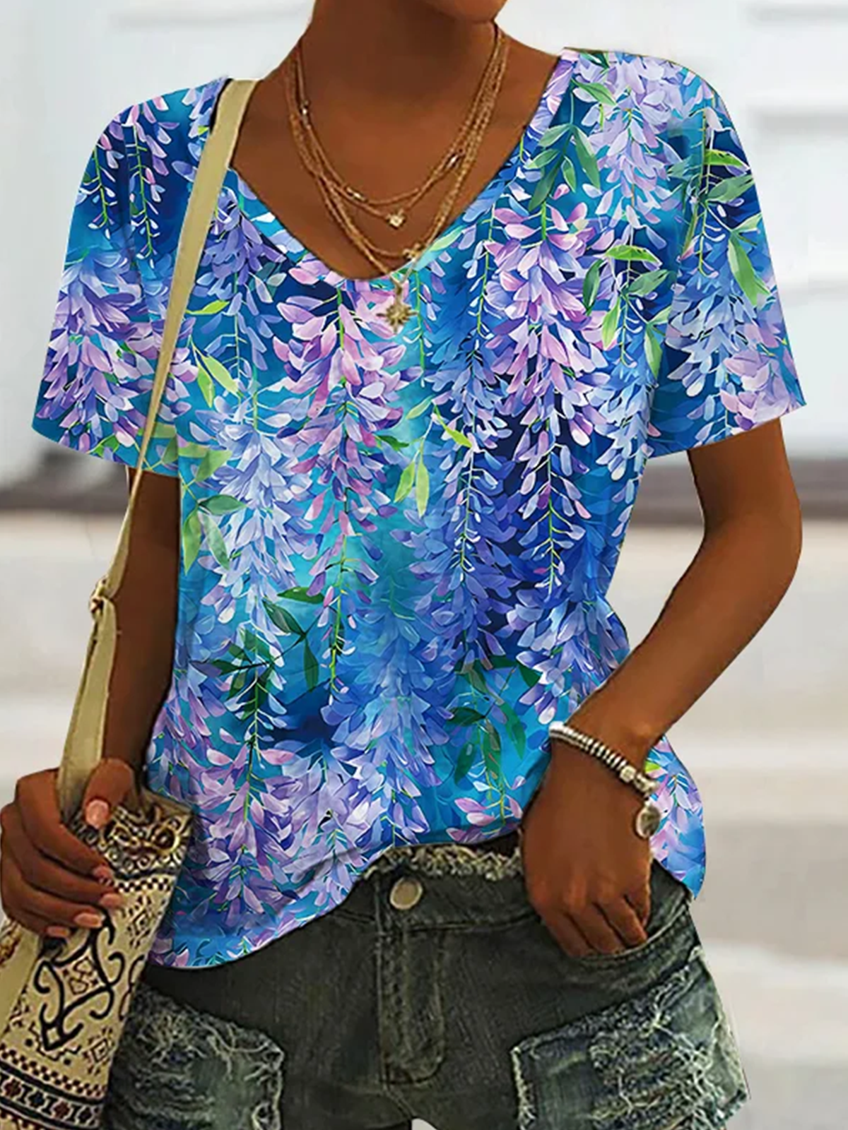 Casual Floral V Neck Short Sleeve T-shirt