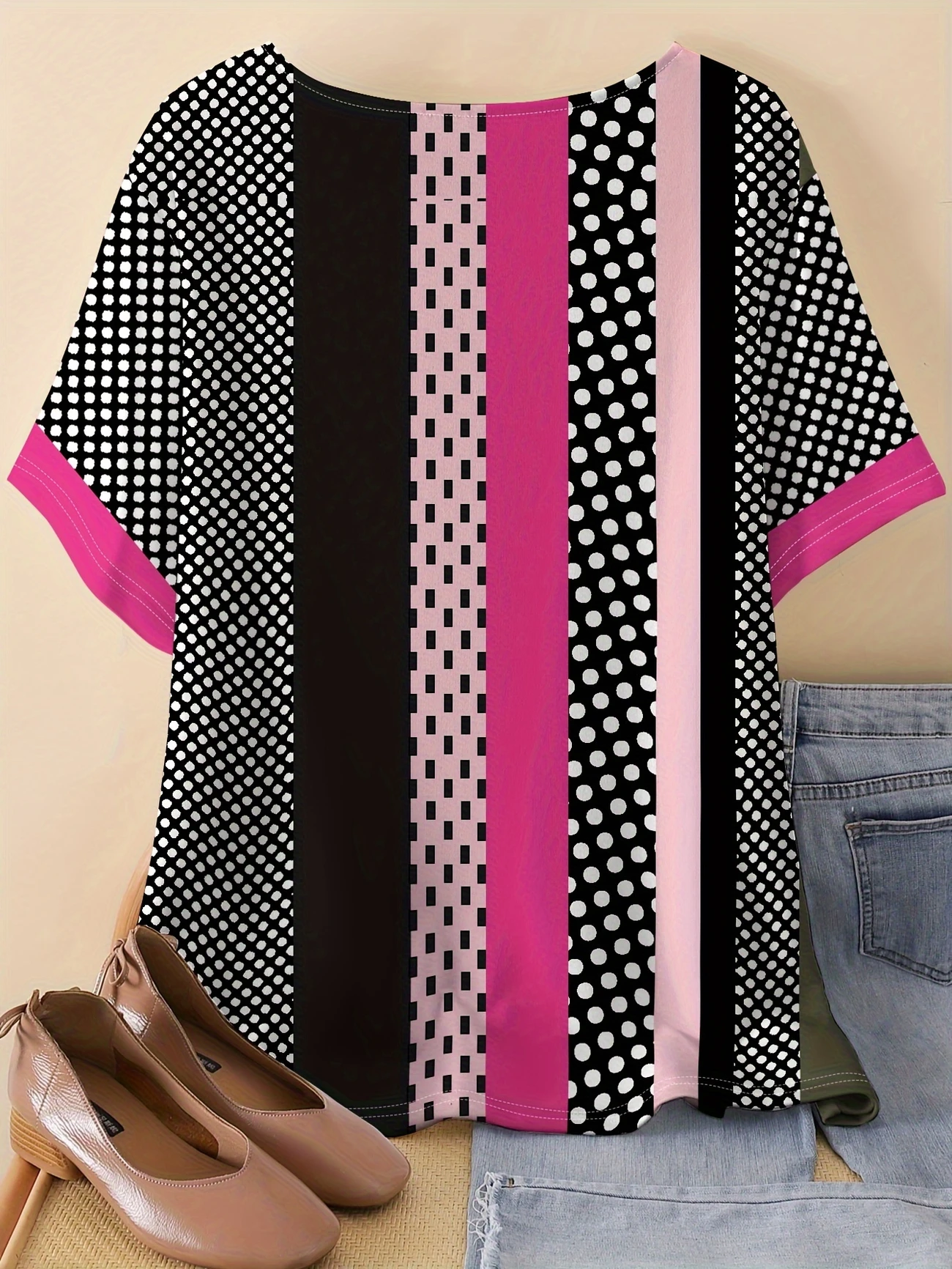 Vintage Striped Crew Neck Three Quarter Sleeve T-shirt