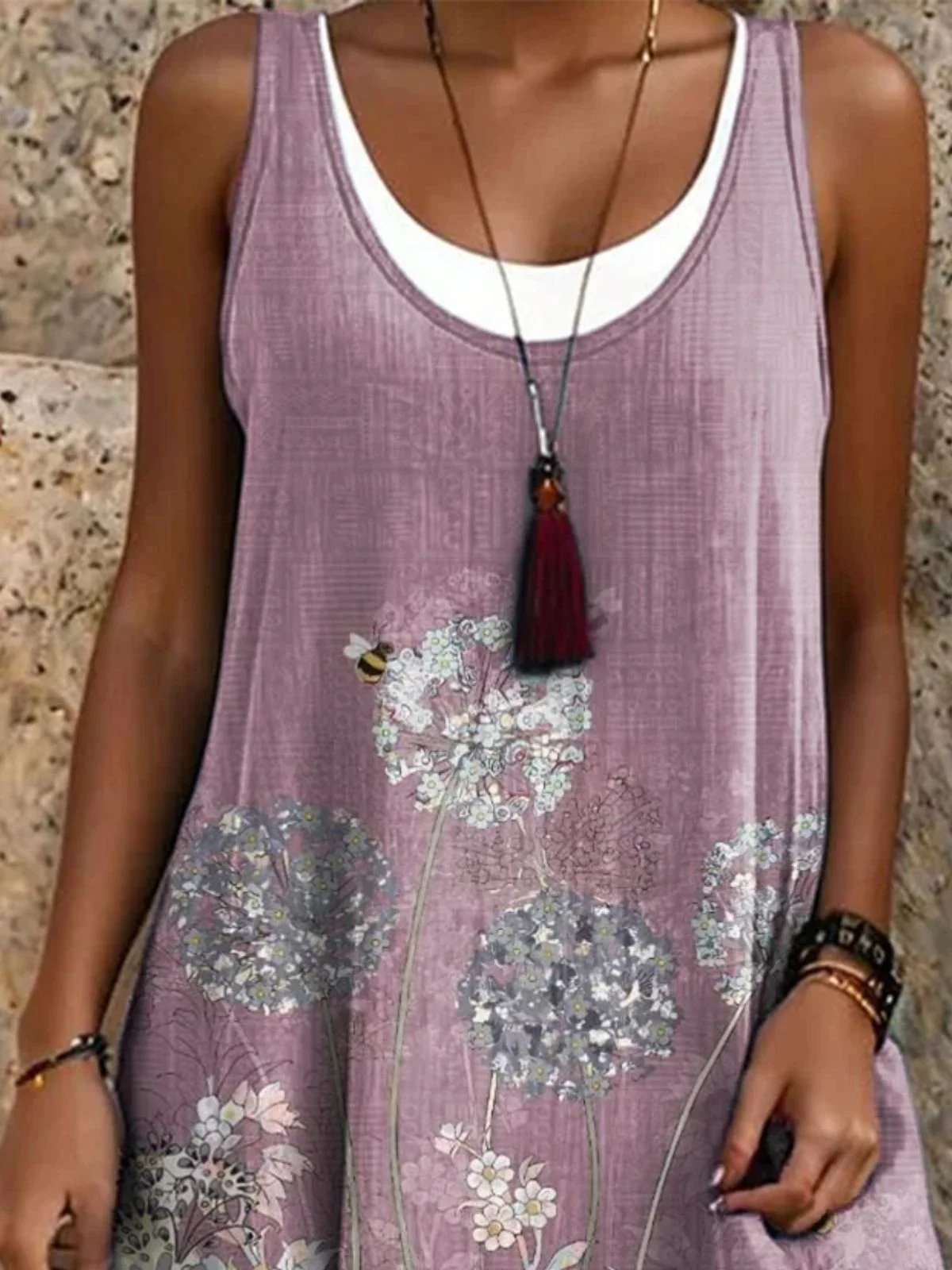 Women Floral Print Sundress Crew Neck Sleeveless Comfy Casual Midi Dress