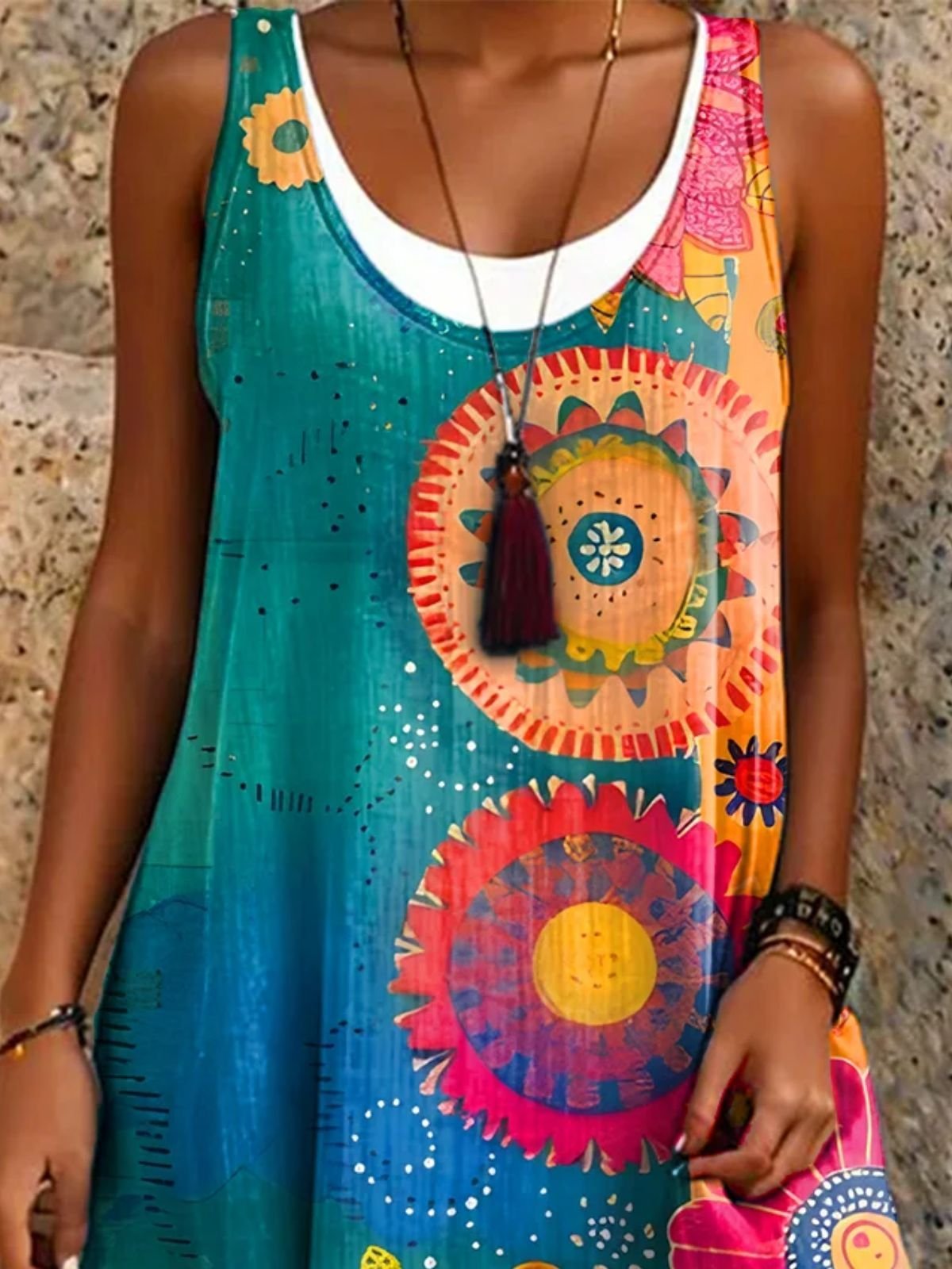 Women Boho Print Sundress Crew Neck Sleeveless Comfy Casual Midi Dress