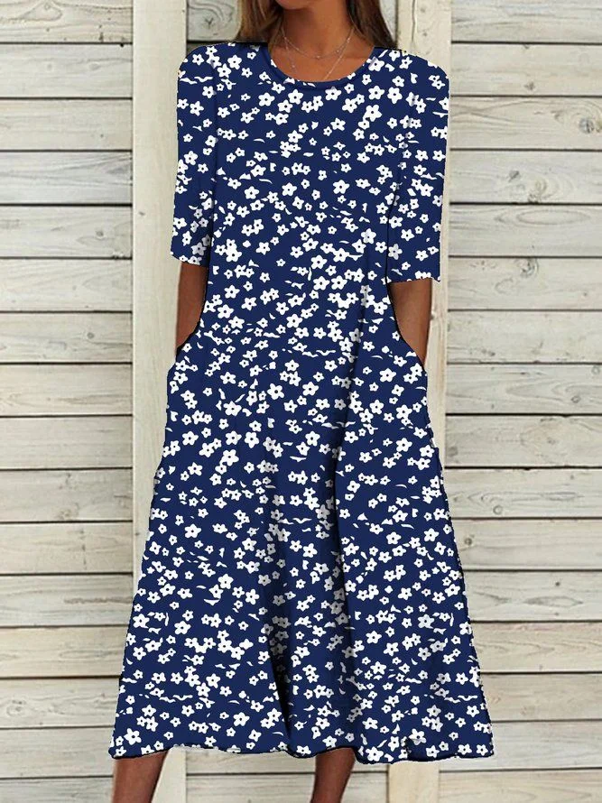Women Floral Crew Neck Short Sleeve Comfy Casual Printing Maxi Dress