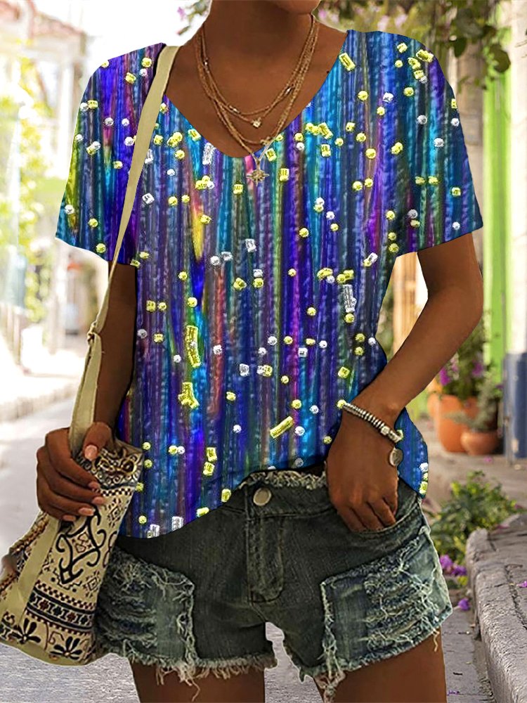 Casual Floral V Neck Short Sleeve T-shirt