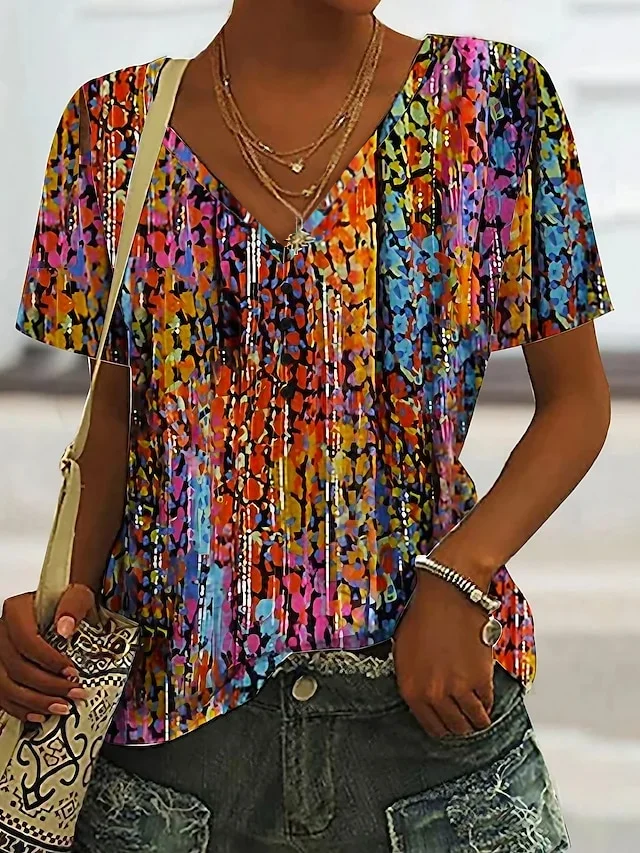 Casual Geometric V Neck Short Sleeve T-shirt