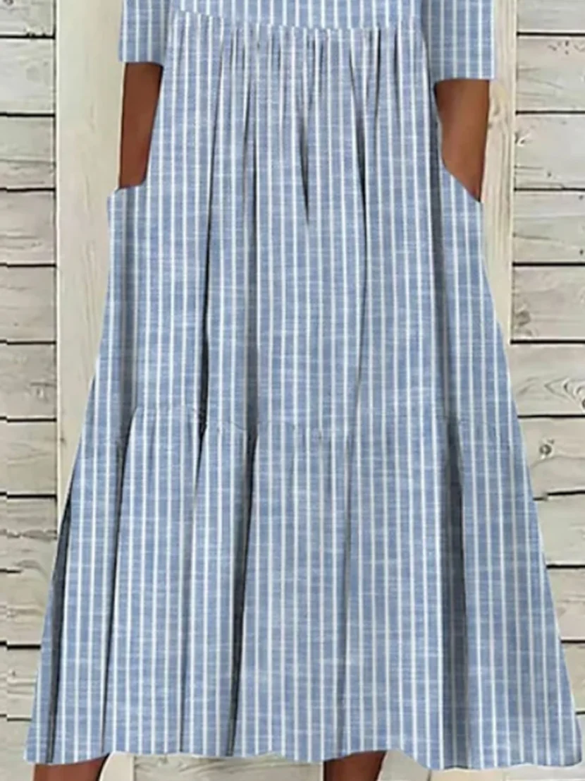 Women Striped Crew Neck Short Sleeve Comfy Casual Printing Maxi Dress