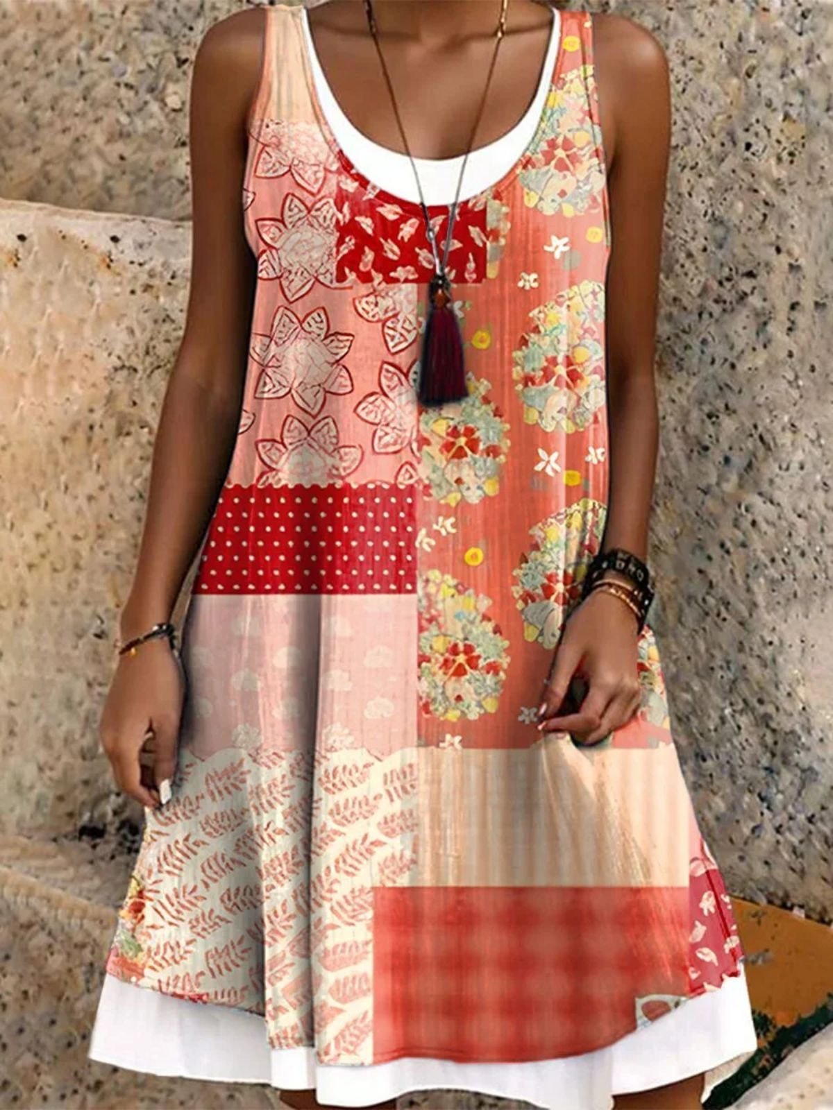 Women Sundress Floral Print Crew Neck Sleeveless Comfy Casual Midi Dress