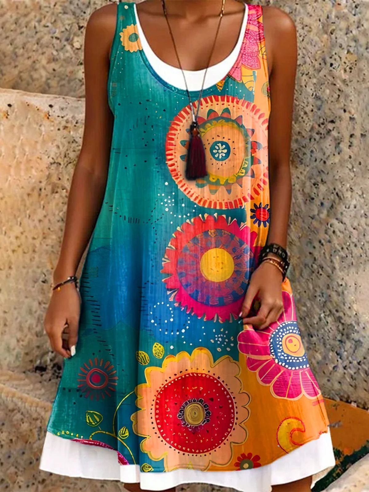 Women Boho Print Sundress Crew Neck Sleeveless Comfy Casual Midi Dress