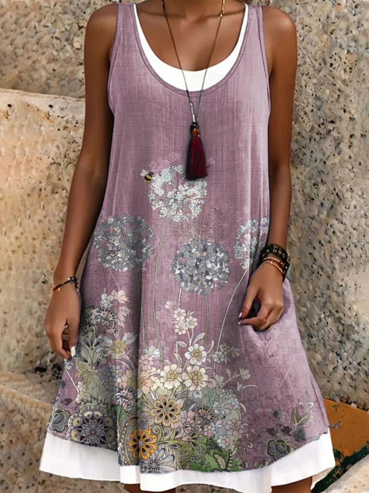 Women Floral Print Sundress Crew Neck Sleeveless Comfy Casual Midi Dress