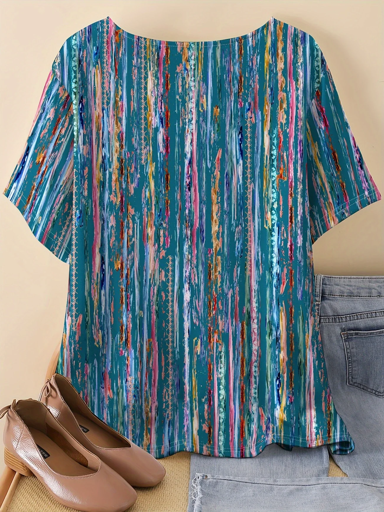 Vintage Striped Crew Neck Three Quarter Sleeve T-shirt