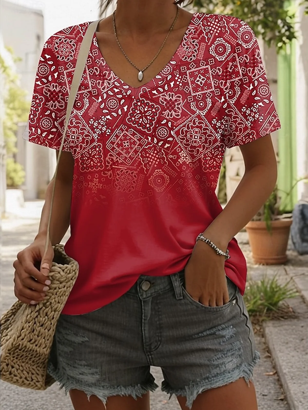 Casual Ethnic Geometry V Neck Short Sleeve T-shirt