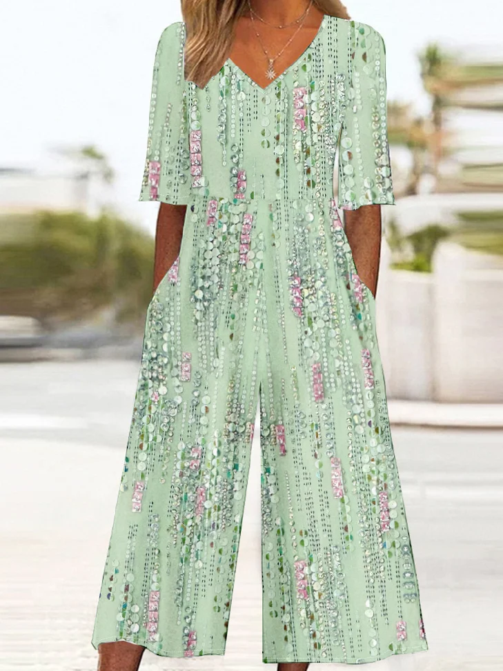 Women Half Sleeve V Neck Loose Ankle Pants Daily Vintage Gradient Pattern Natural T-Shirt Jumpsuit