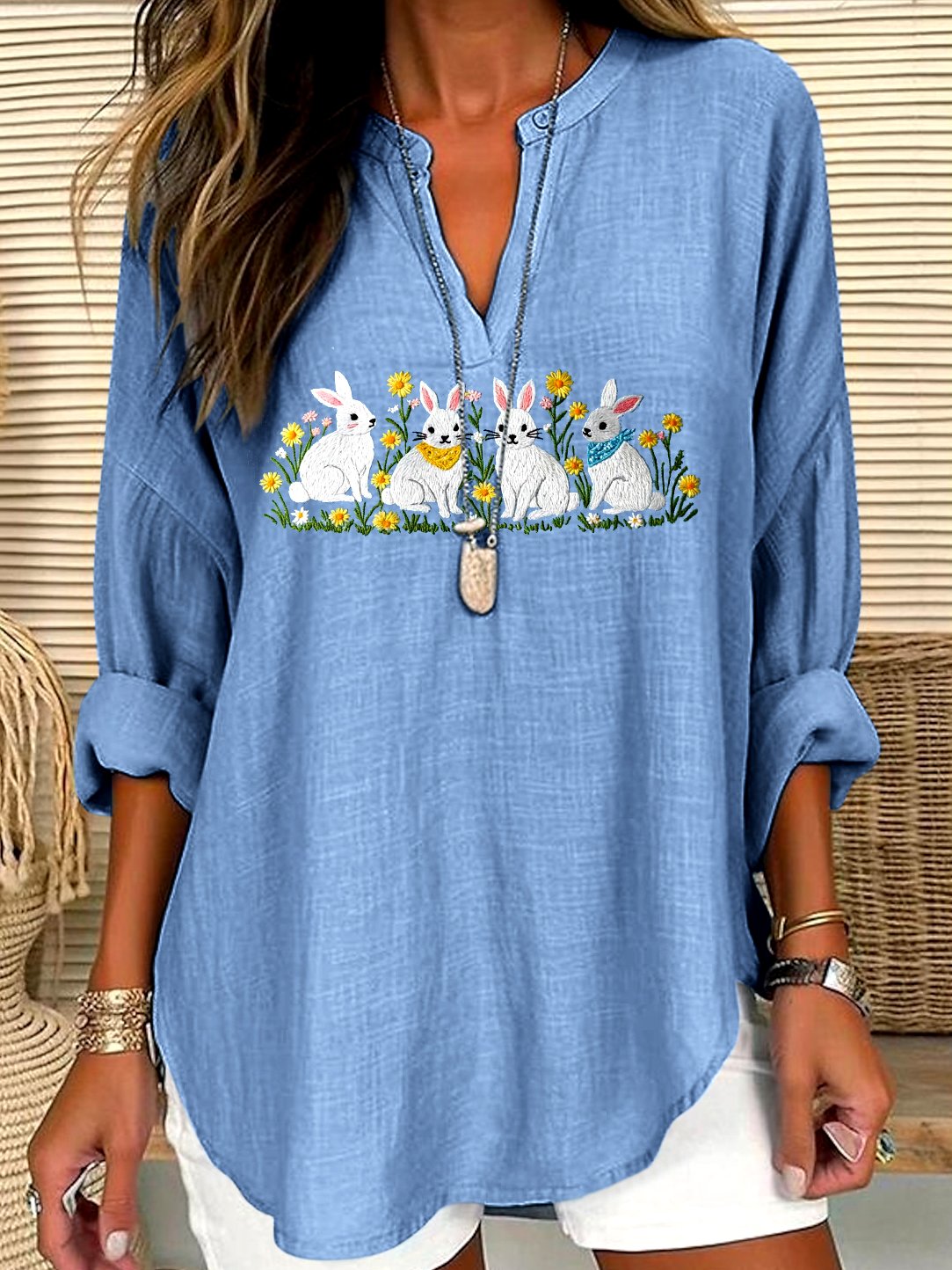 V Neck Long Sleeve Geometric Regular Micro-Elasticity Regular Fit Shirt For Women