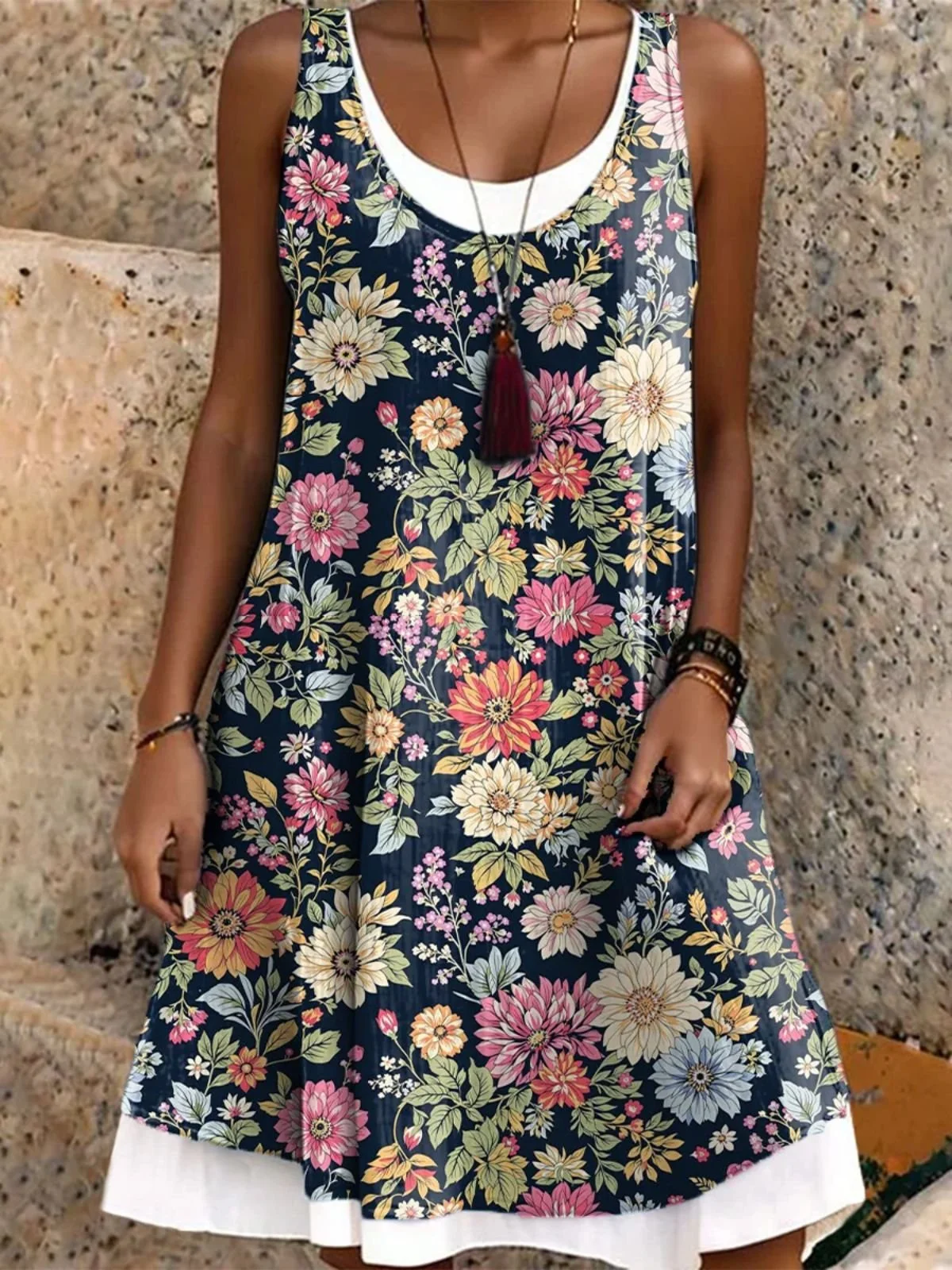 Women Vintage Floral Print Crew Neck Sleeveless Comfy Casual Midi Dress
