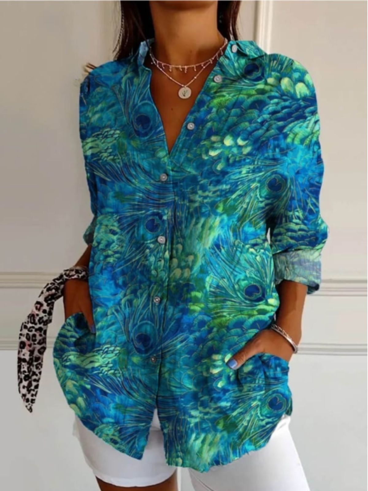 Women Shirt Long Sleeve Feather Print Loose Casual Shirt For Women