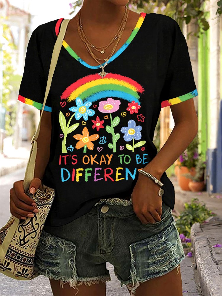 Casual Floral V Neck Short Sleeve T-shirt