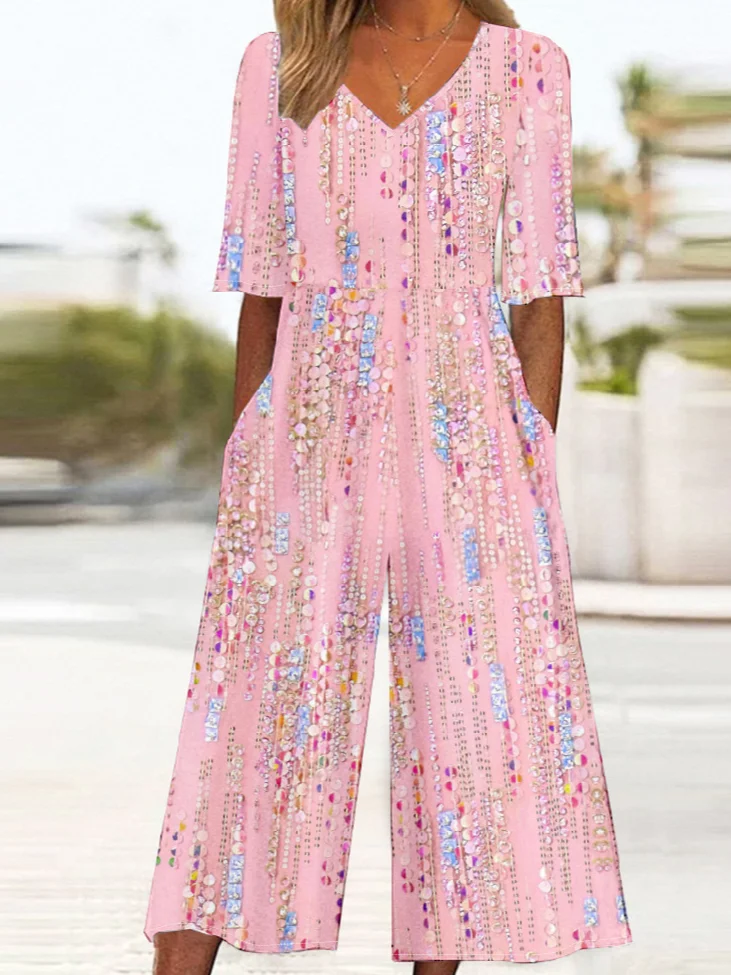 Women Half Sleeve V Neck Loose Ankle Pants Daily Vintage Gradient Pattern Natural T-Shirt Jumpsuit