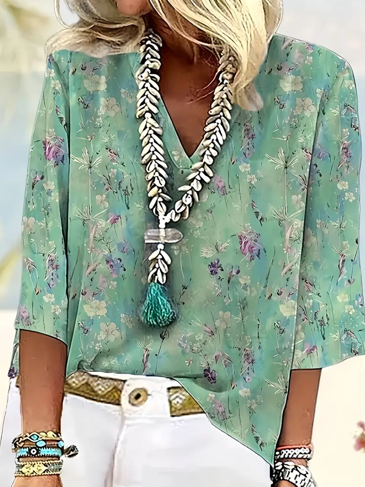 Shawl Collar Half Sleeve Floral Regular Loose Blouse For Women