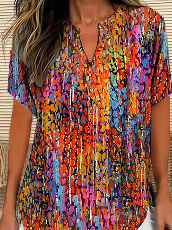 Shawl Collar Half Sleeve Geometric Regular Loose Blouse For Women