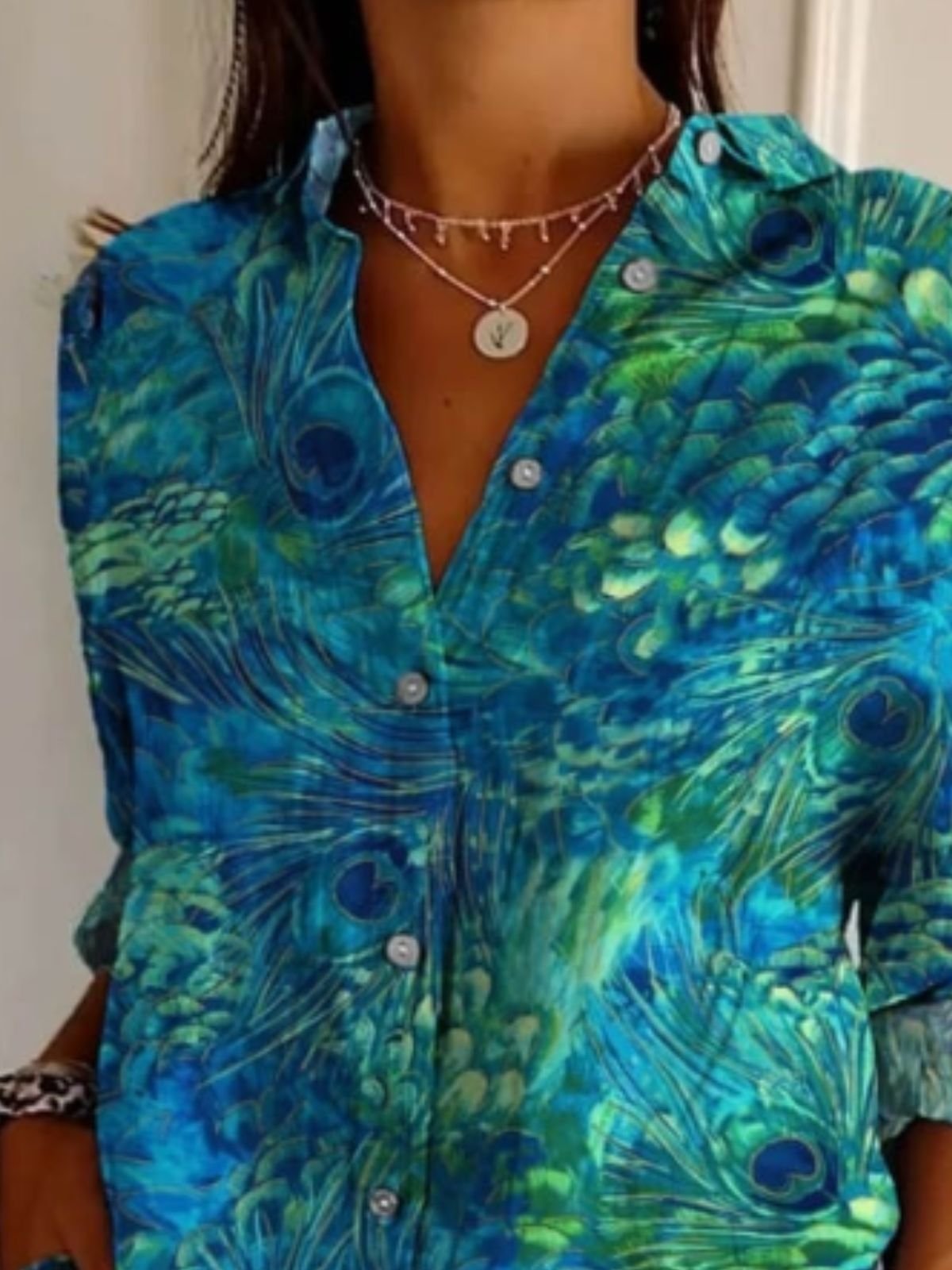 Women Shirt Long Sleeve Feather Print Loose Casual Shirt For Women