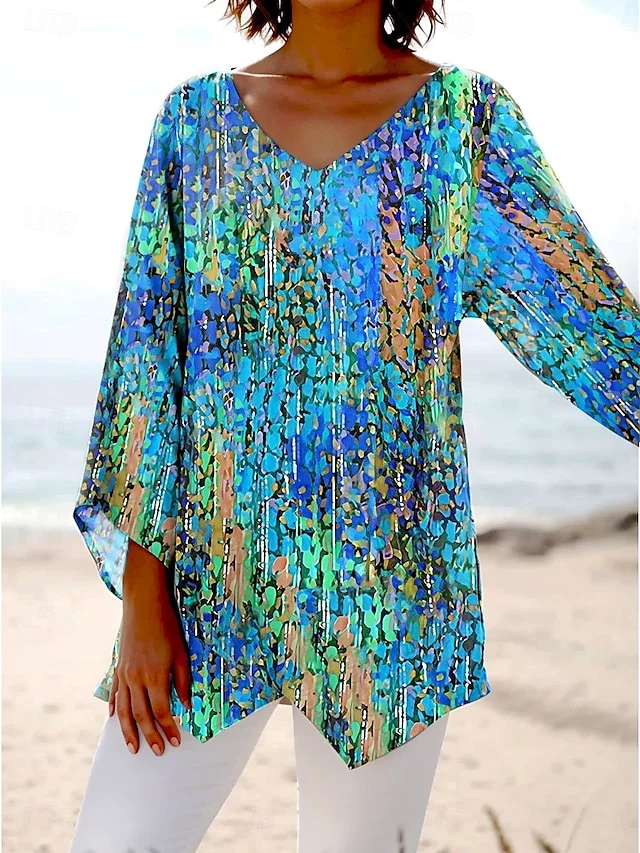 V Neck Long Sleeve Geometric Regular Loose Blouse For Women