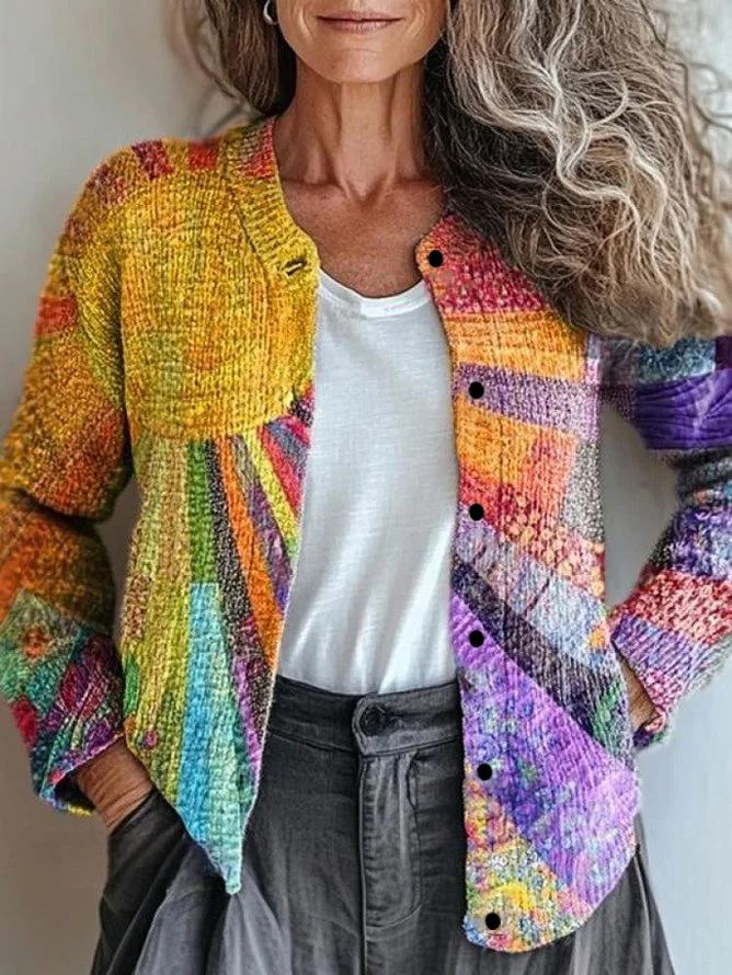 Women Knitted 3D Printing Long Sleeve Comfy Casual Cardigan