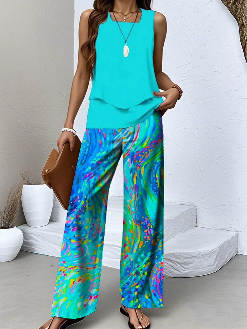 Women Abstract Graphic Crew Neck Sleeveless Comfy Casual Two-Piece Set