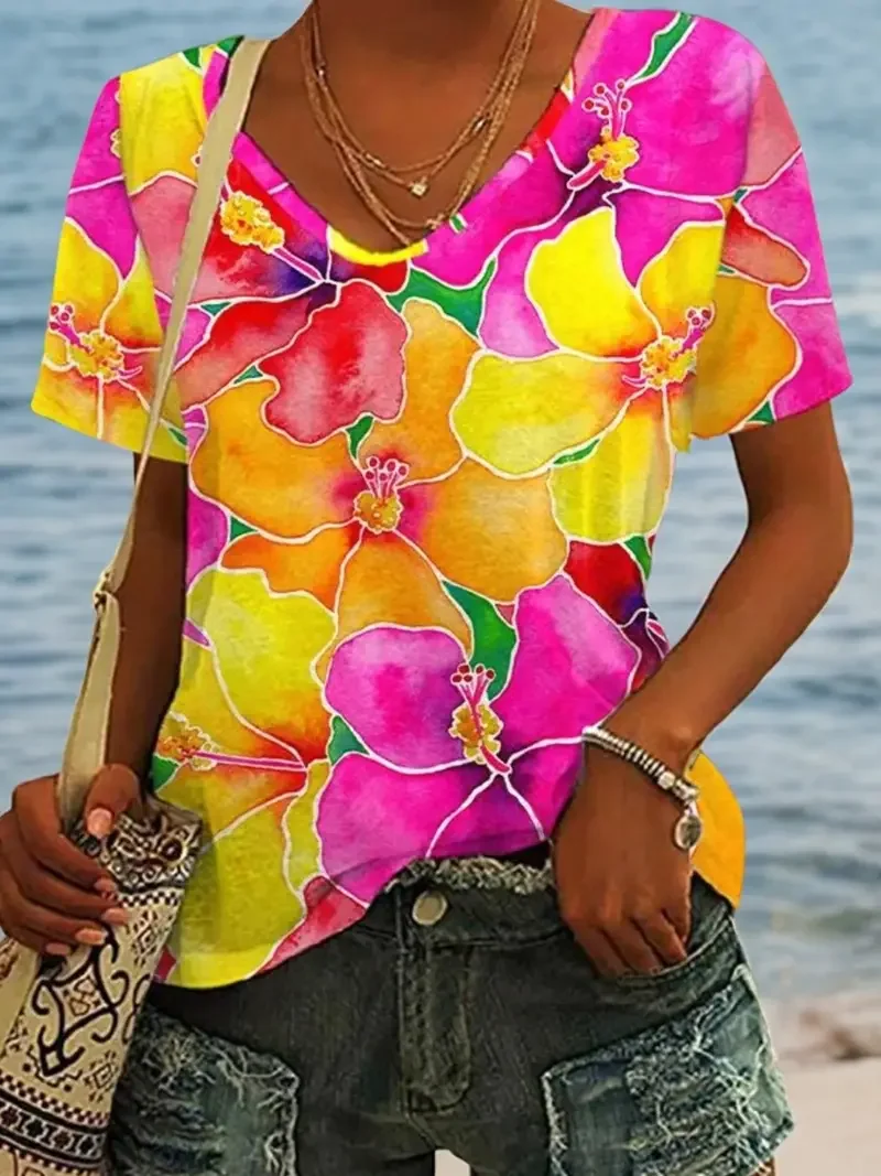 Casual Floral V Neck Short Sleeve T-shirt