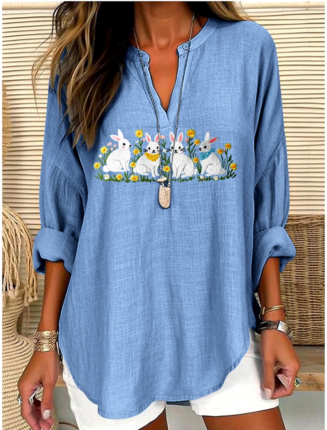 V Neck Long Sleeve Geometric Regular Micro-Elasticity Regular Fit Shirt For Women