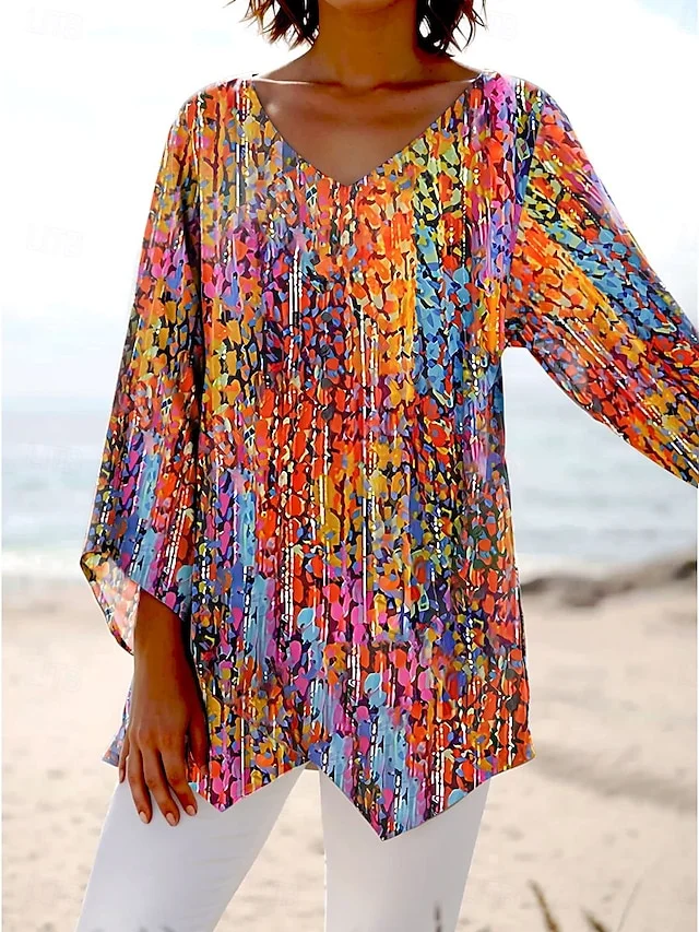 V Neck Long Sleeve Geometric Regular Loose Blouse For Women