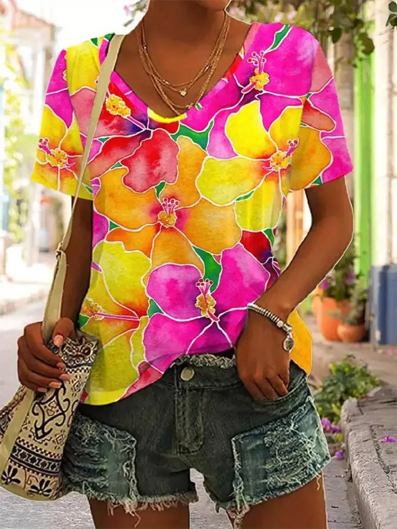 Casual Floral V Neck Short Sleeve T-shirt