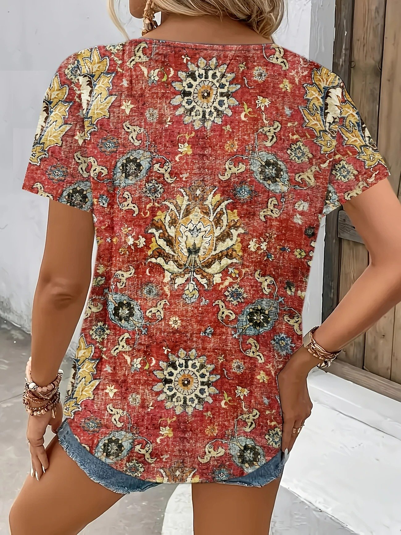 Shawl Collar Half Sleeve Ethnic Regular Loose Blouse For Women