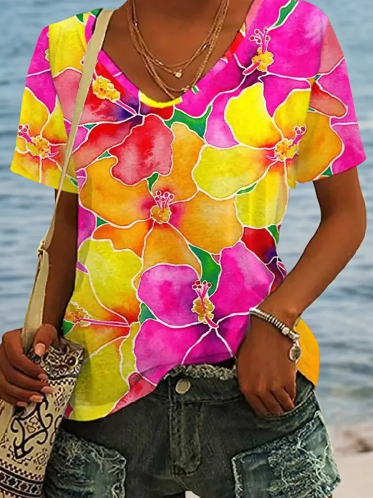 Casual Floral V Neck Short Sleeve T-shirt