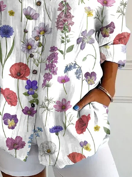 Shirt Collar Long Sleeve Floral Buckle Regular Loose Button Up Shirt Shirt For Women