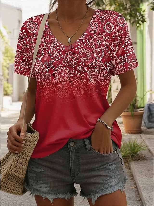 Casual Ethnic Geometry V Neck Short Sleeve T-shirt