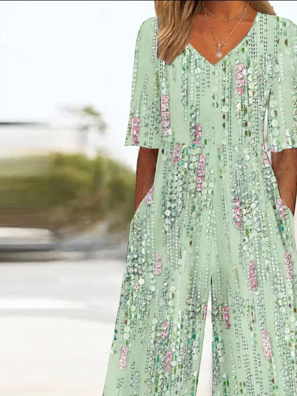 Women Half Sleeve V Neck Loose Ankle Pants Daily Vintage Gradient Pattern Natural T-Shirt Jumpsuit