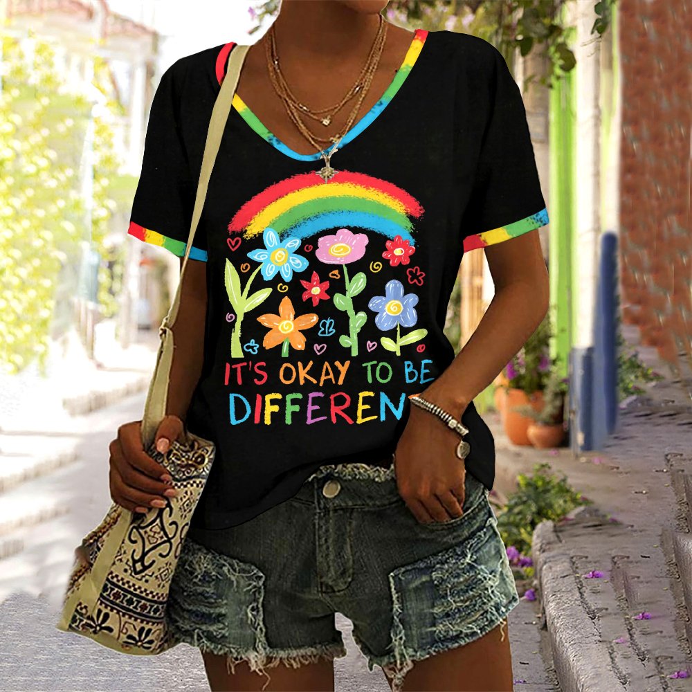 Casual Floral V Neck Short Sleeve T-shirt